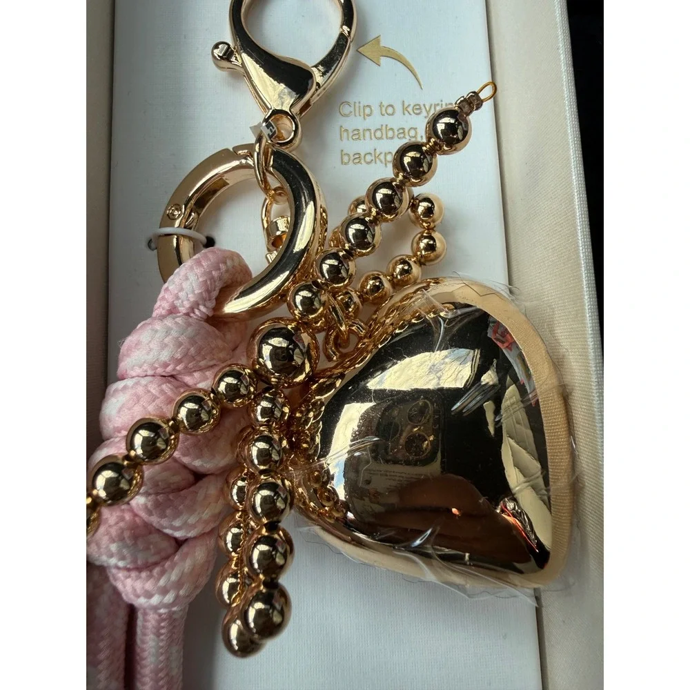 Piper K Gold Heart Bag‎ Charm and Keychain Pink Rope Beaded Accessory New in Box
